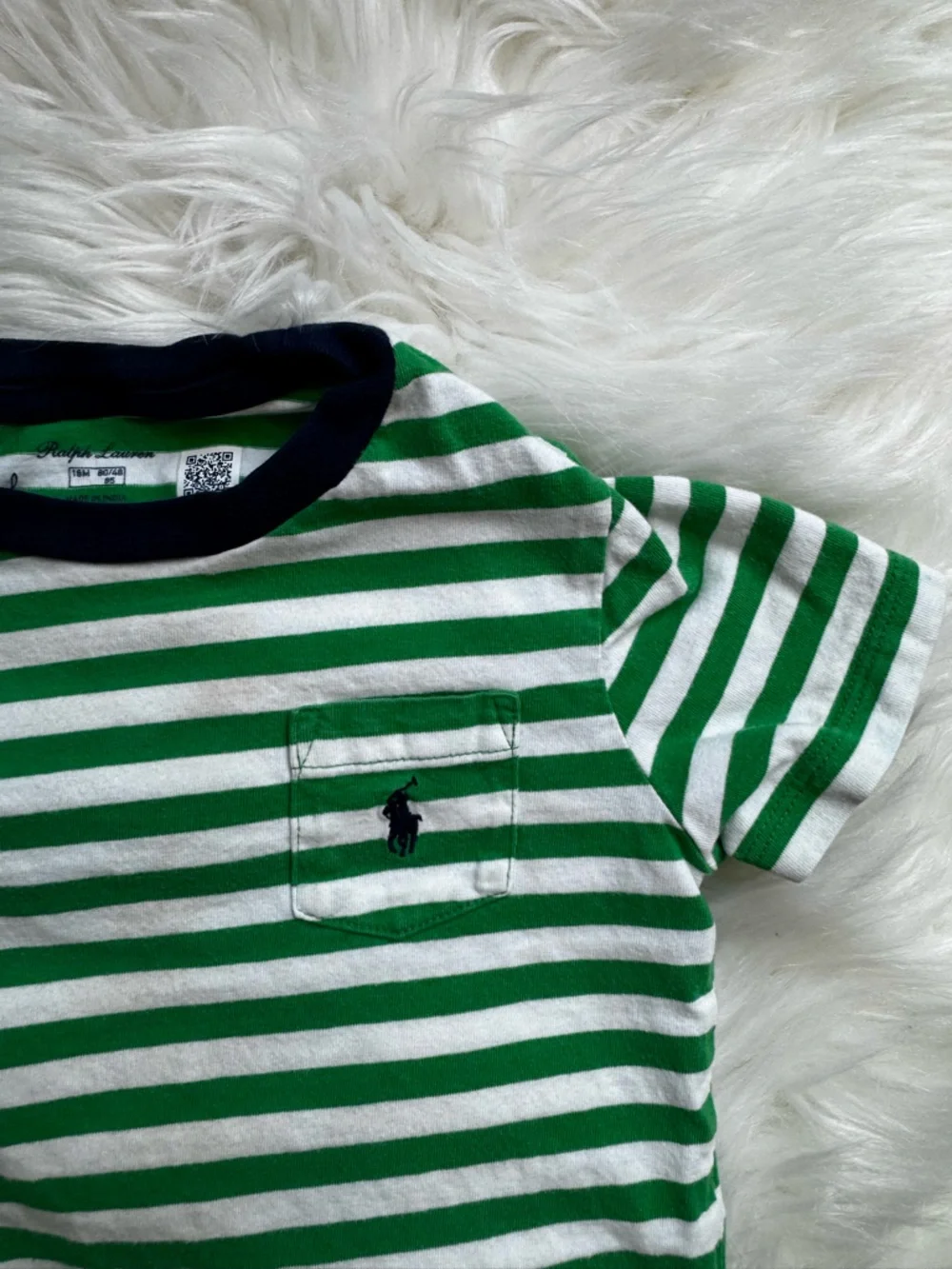 Ralph Lauren Green & White Striped Pocket Tee with Navy Trim